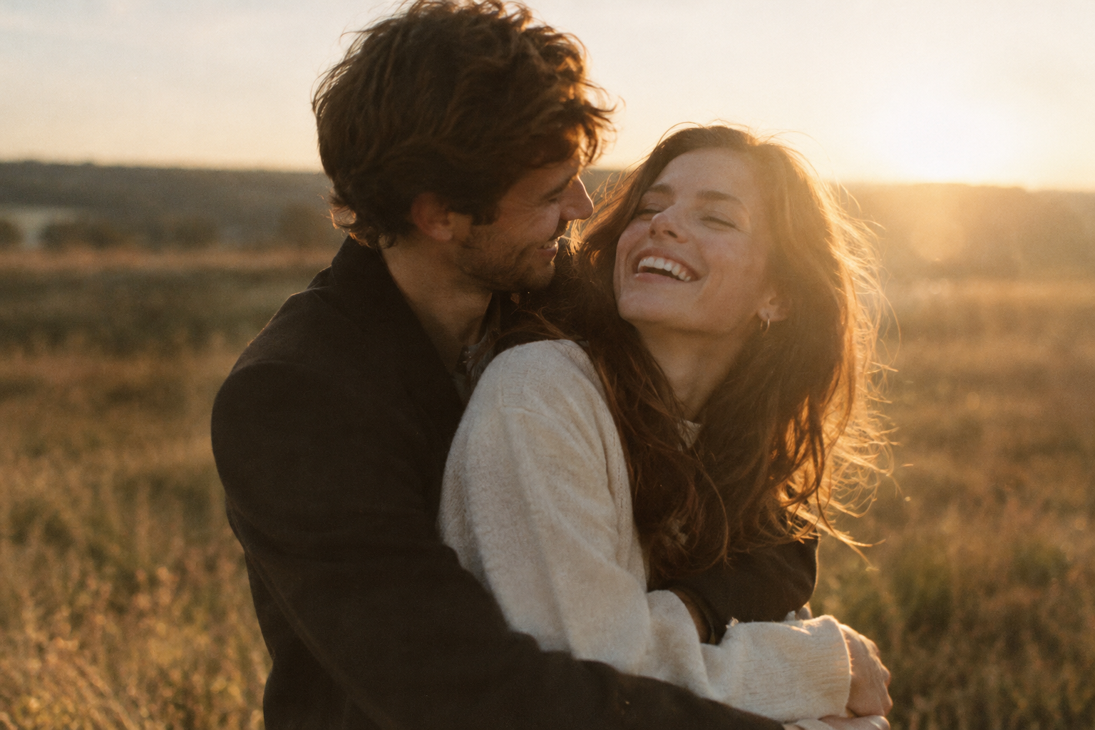 A couple laughing together in late afternoon sunlight, photographed with warm 35mm color, gentle grain, and soft highlight halation.