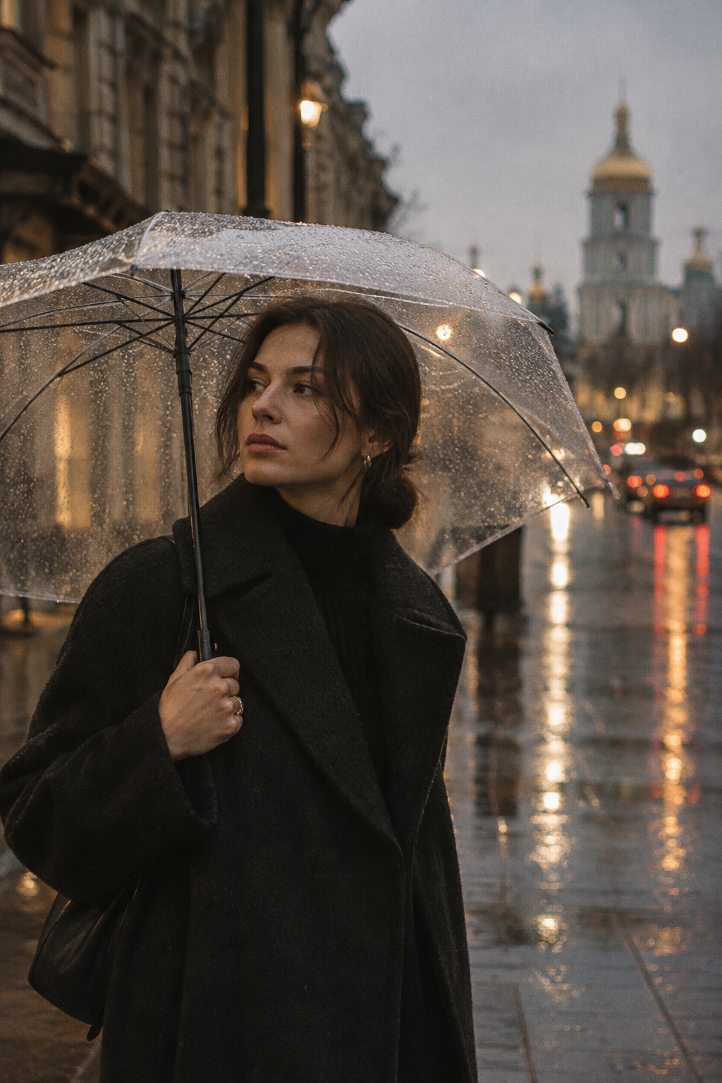 A woman in a dark wool coat beneath a clear umbrella on a rain-darkened Kyiv street, rendered in quiet, grainy 35mm tones.