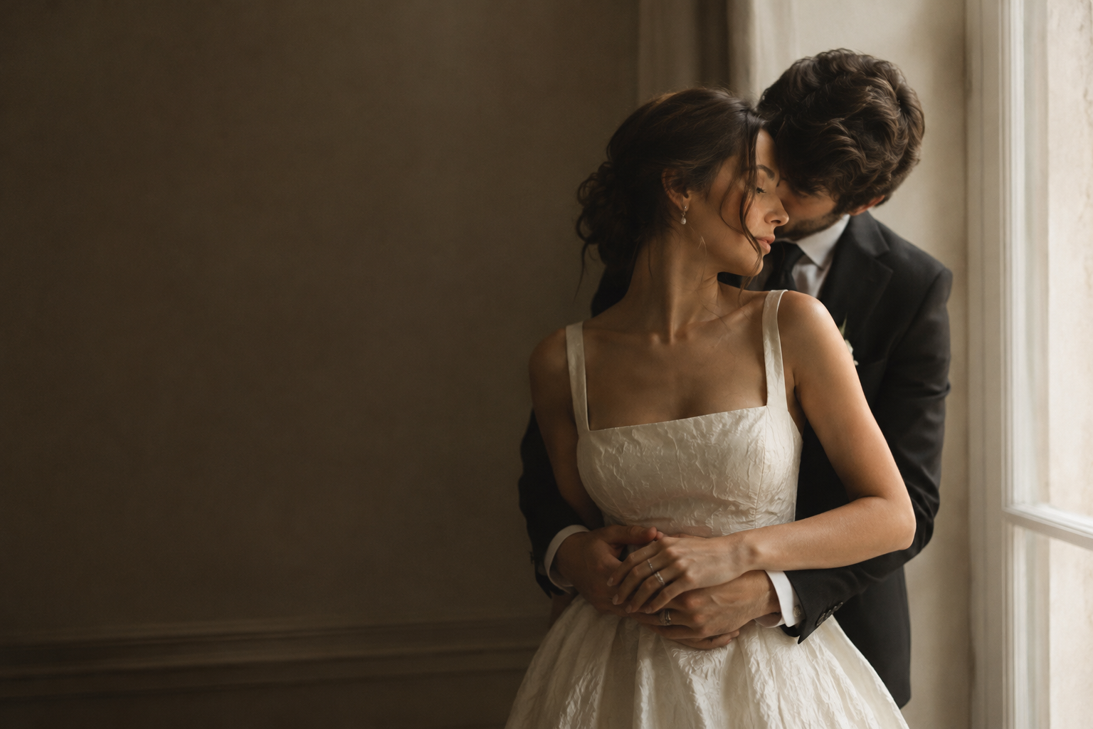 An intimate wedding portrait of a couple in warm natural light, framed with editorial restraint