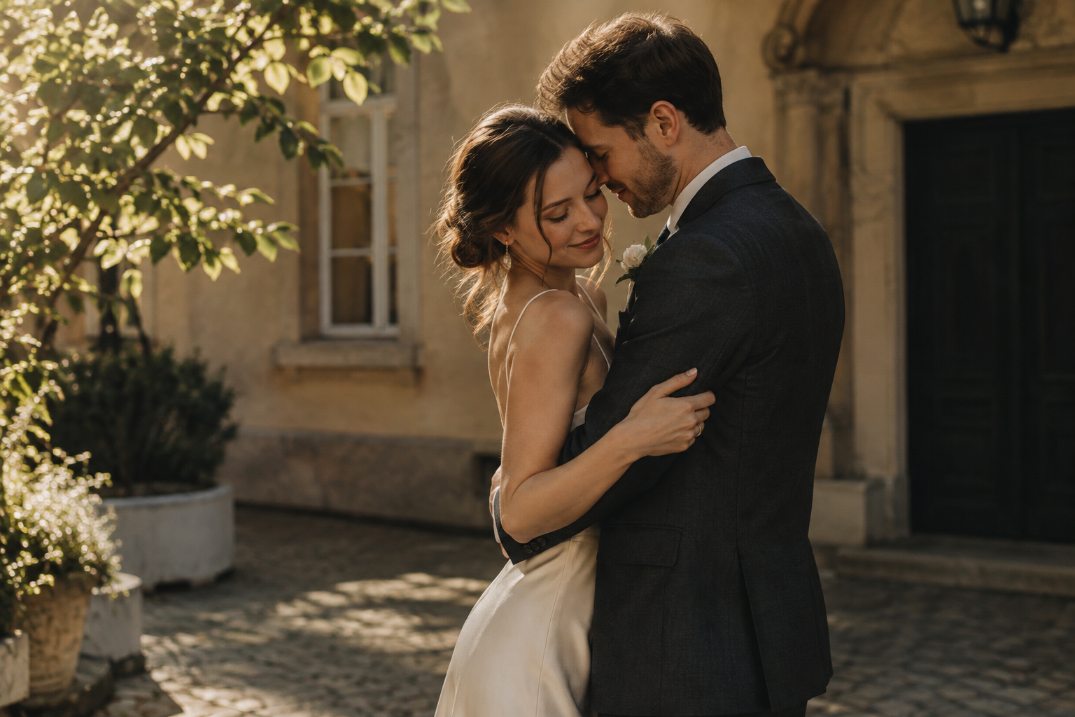 A newly married couple sharing a quiet embrace in a sunlit Kyiv courtyard, her ivory silk dress catching the late afternoon light.
