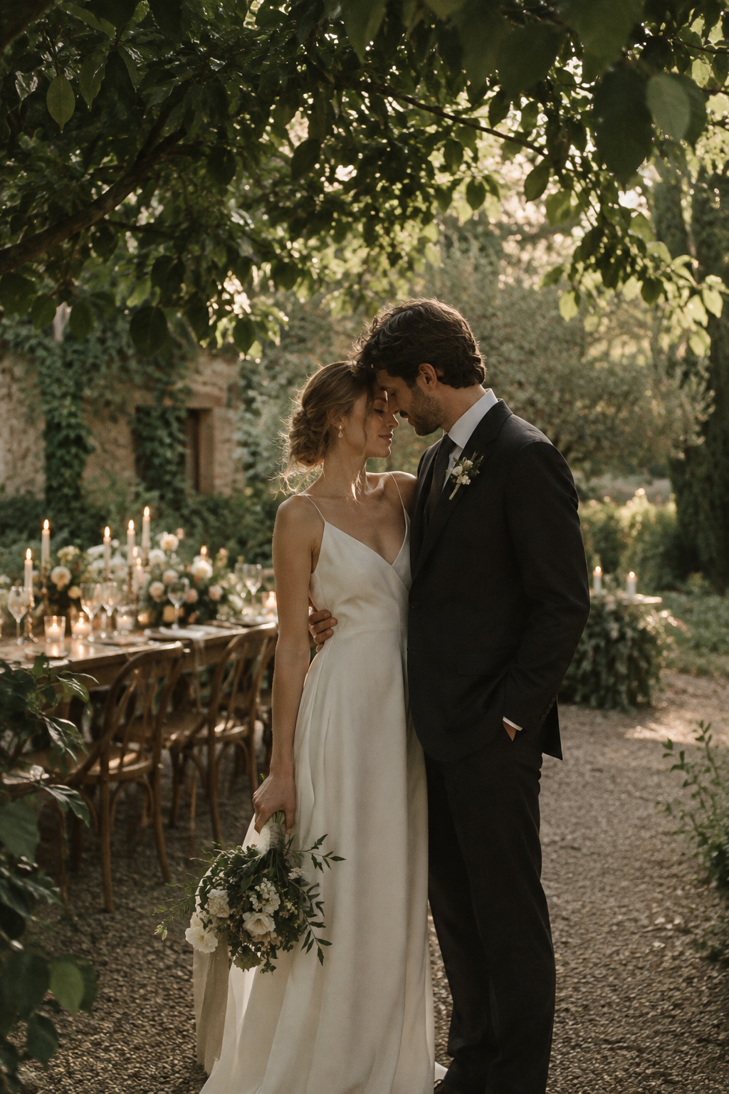 A bride in a soft, minimal gown and her partner beneath a leafy garden canopy, surrounded by intimate candlelit wedding details.