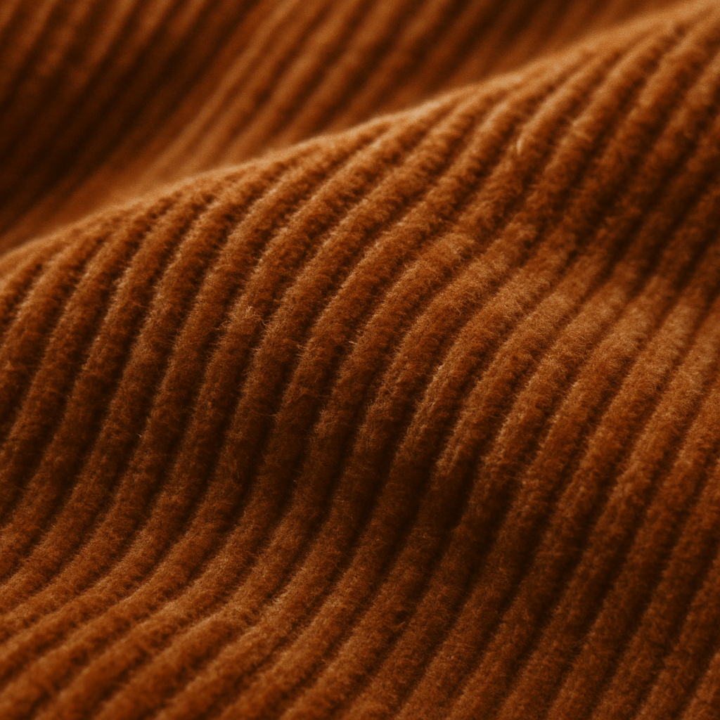 Close-up of vintage corduroy fabric in deep caramel brown with visible wale texture