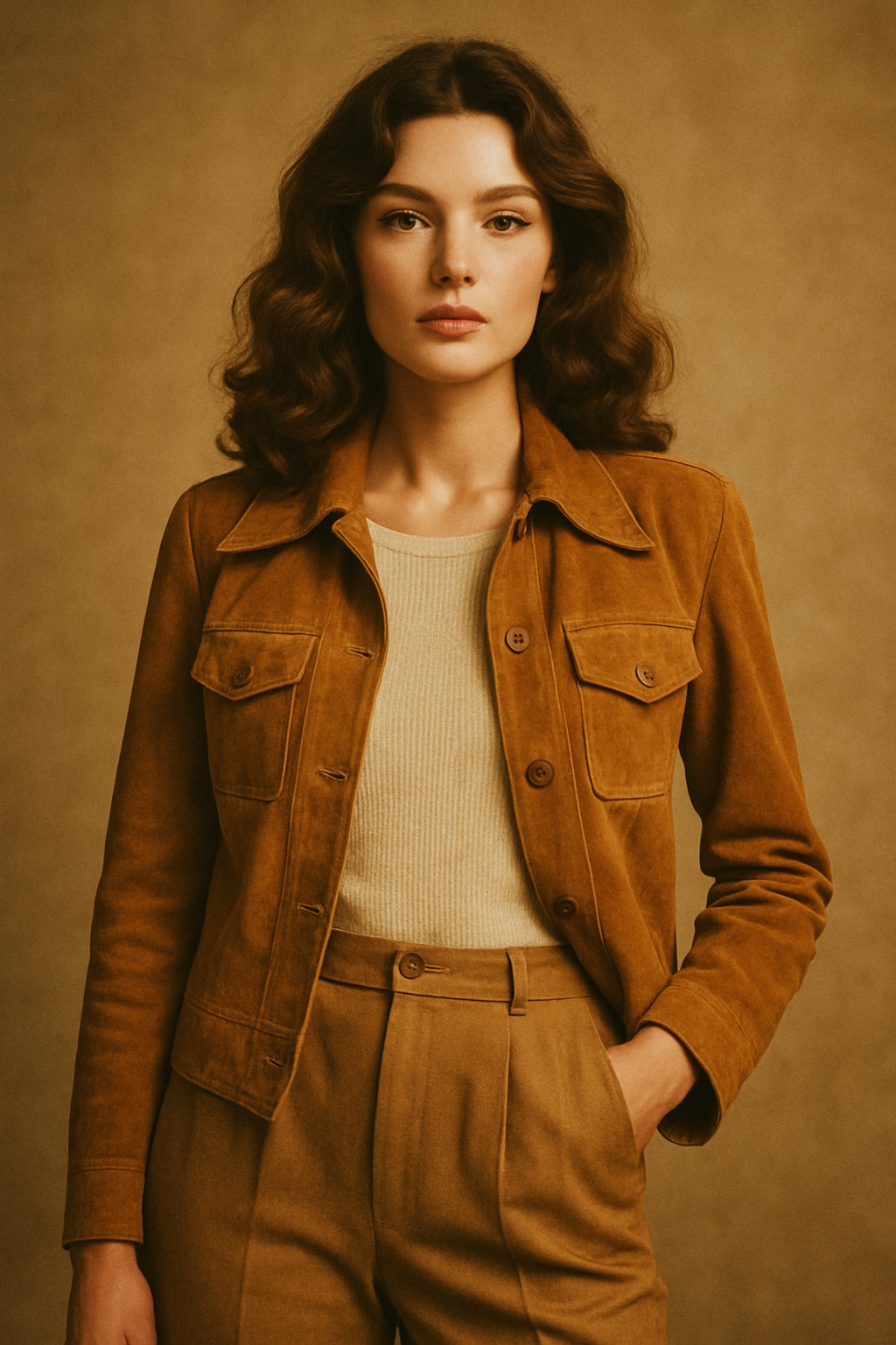 Editorial-style film photograph of a model in a vintage 70s suede jacket with warm golden tones