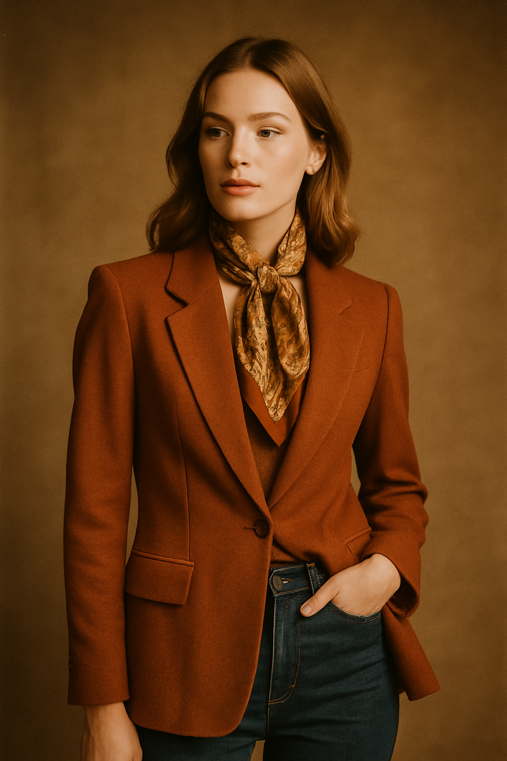 Model in a warm-toned 1970s inspired outfit with a rust blazer, high-waisted denim, and a silk scarf posing in soft studio light