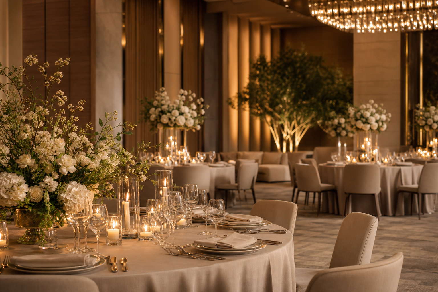 Elegant event setting with candlelit reception tables, floral styling, and a refined atmosphere suitable for corporate events, weddings, and social celebrations