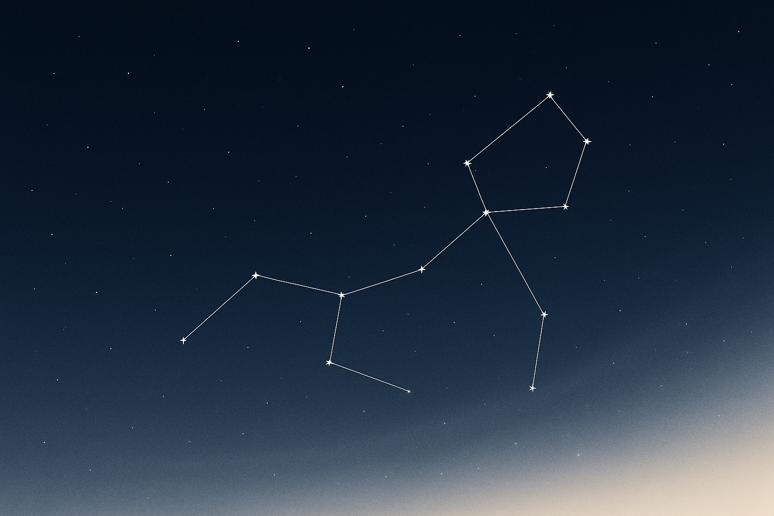 Deep navy night sky with subtle stars and a refined constellation map overlay