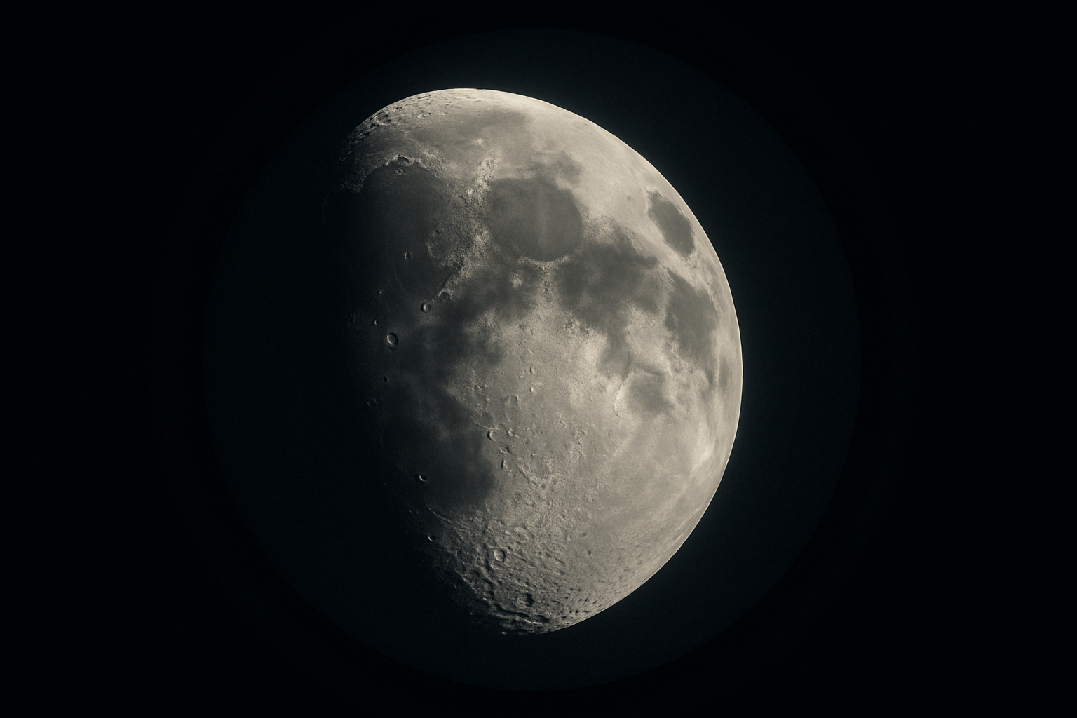 Close amateur telescope view of the waxing moon surface with crater rims and shadowed ridges along the terminator