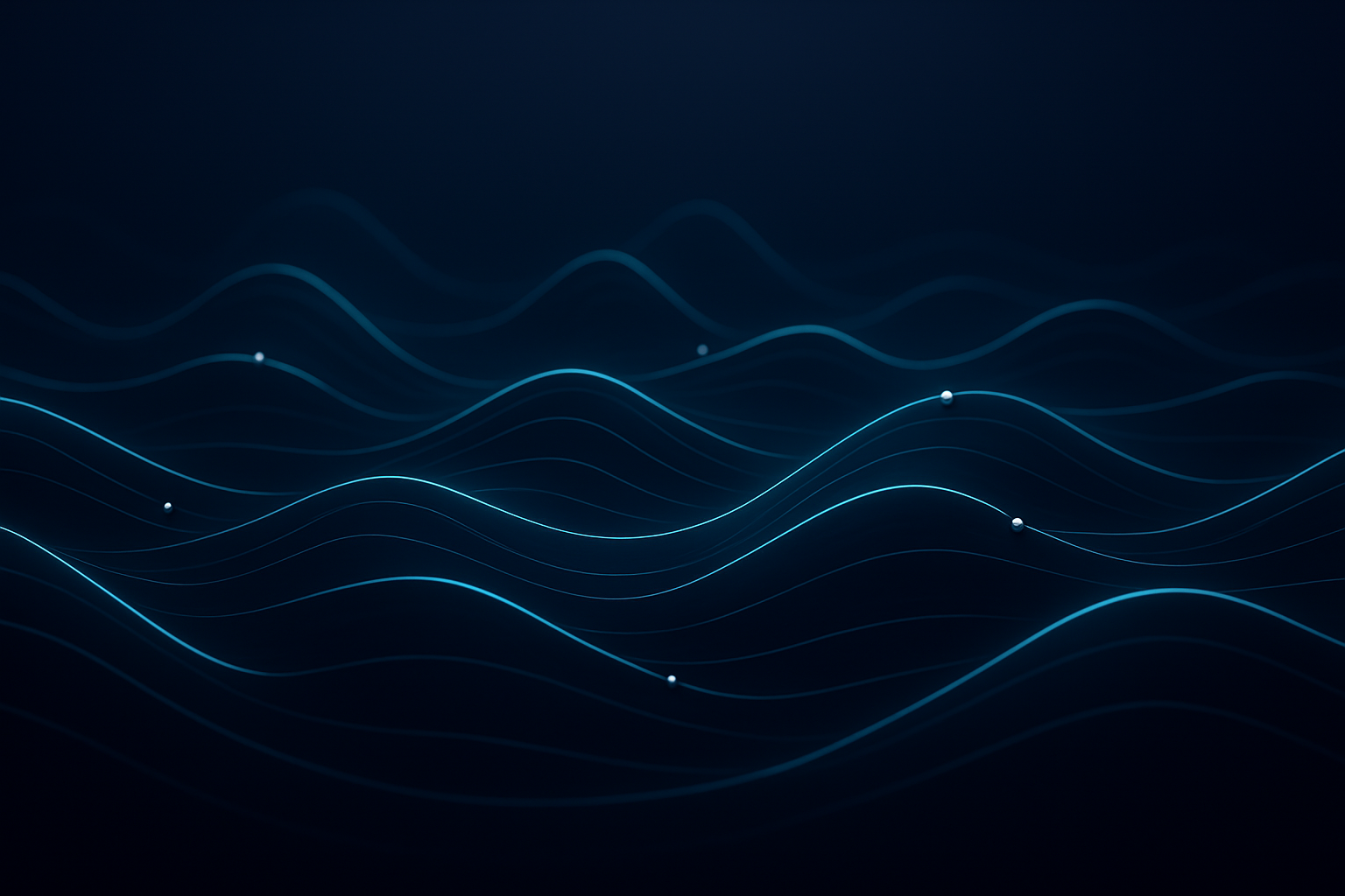 Minimal futuristic waveform panel with soft cyan lines and silver nodes on a dark navy surface