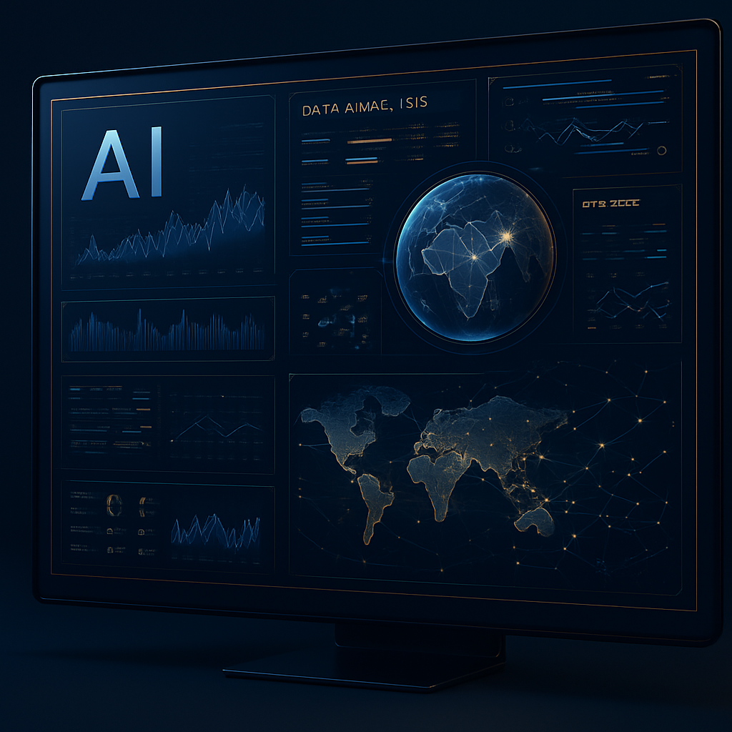 Abstract AI signal board with luminous electric blue grid lines, silver nodes, and subtle lightning streaks on a deep navy surface