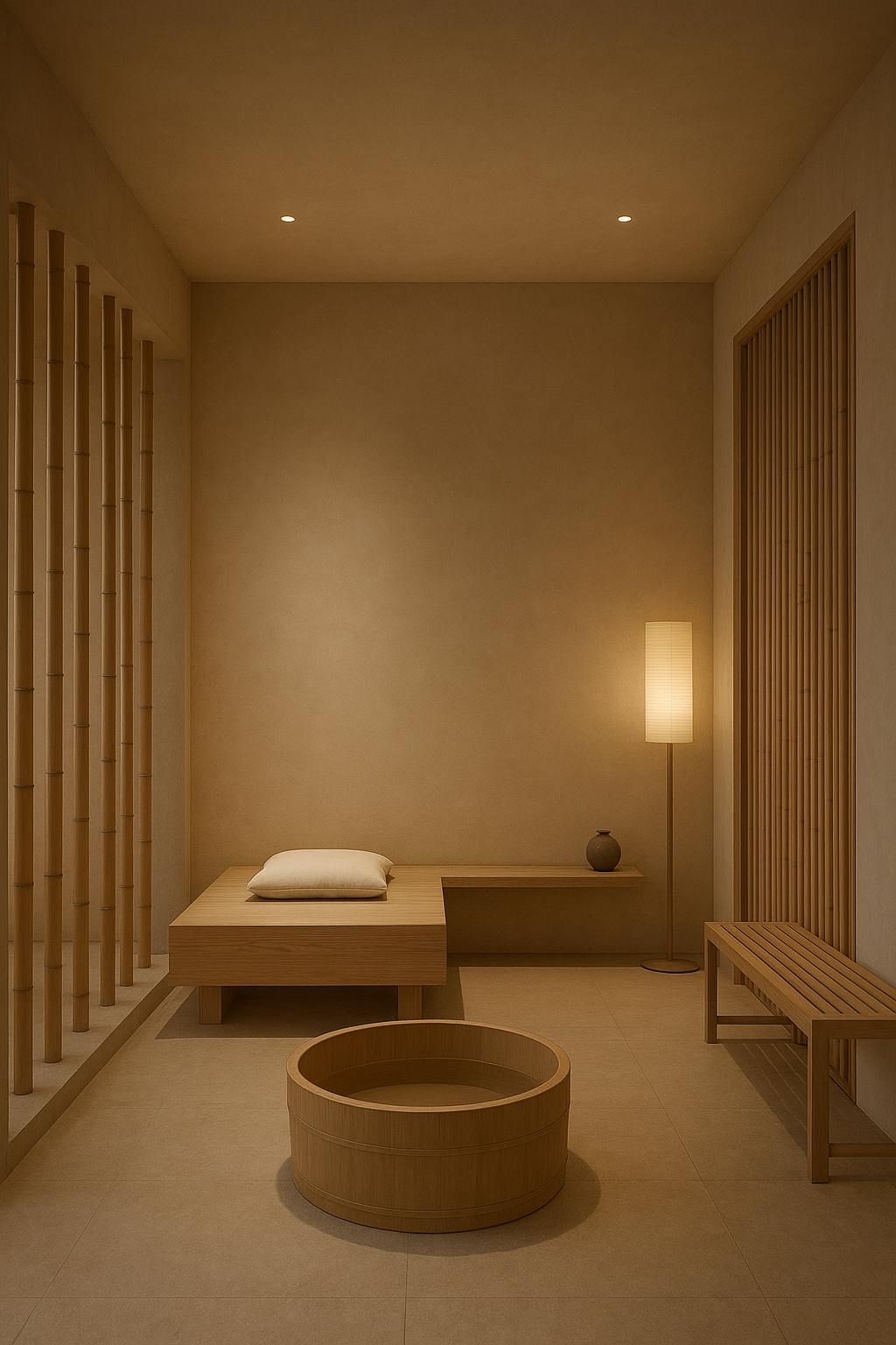 Spa interior with natural bamboo elements and soft lighting