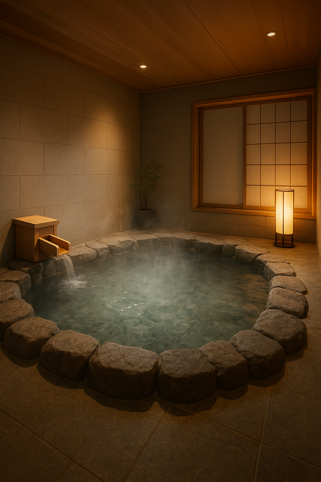 Japanese onsen bath with steaming water and natural stone surround