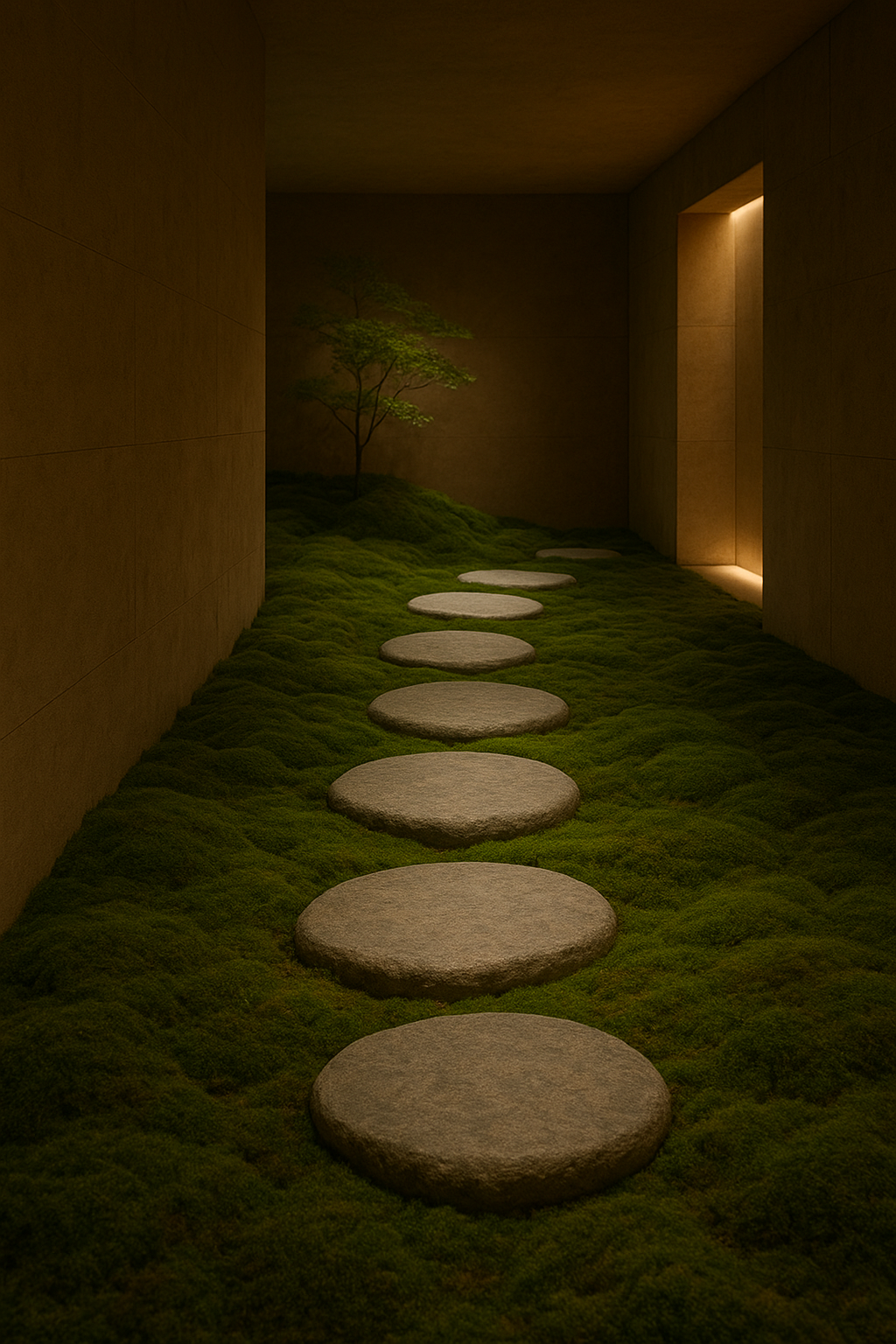 Zen stone pathway surrounded by moss and soft ambient light inside the spa
