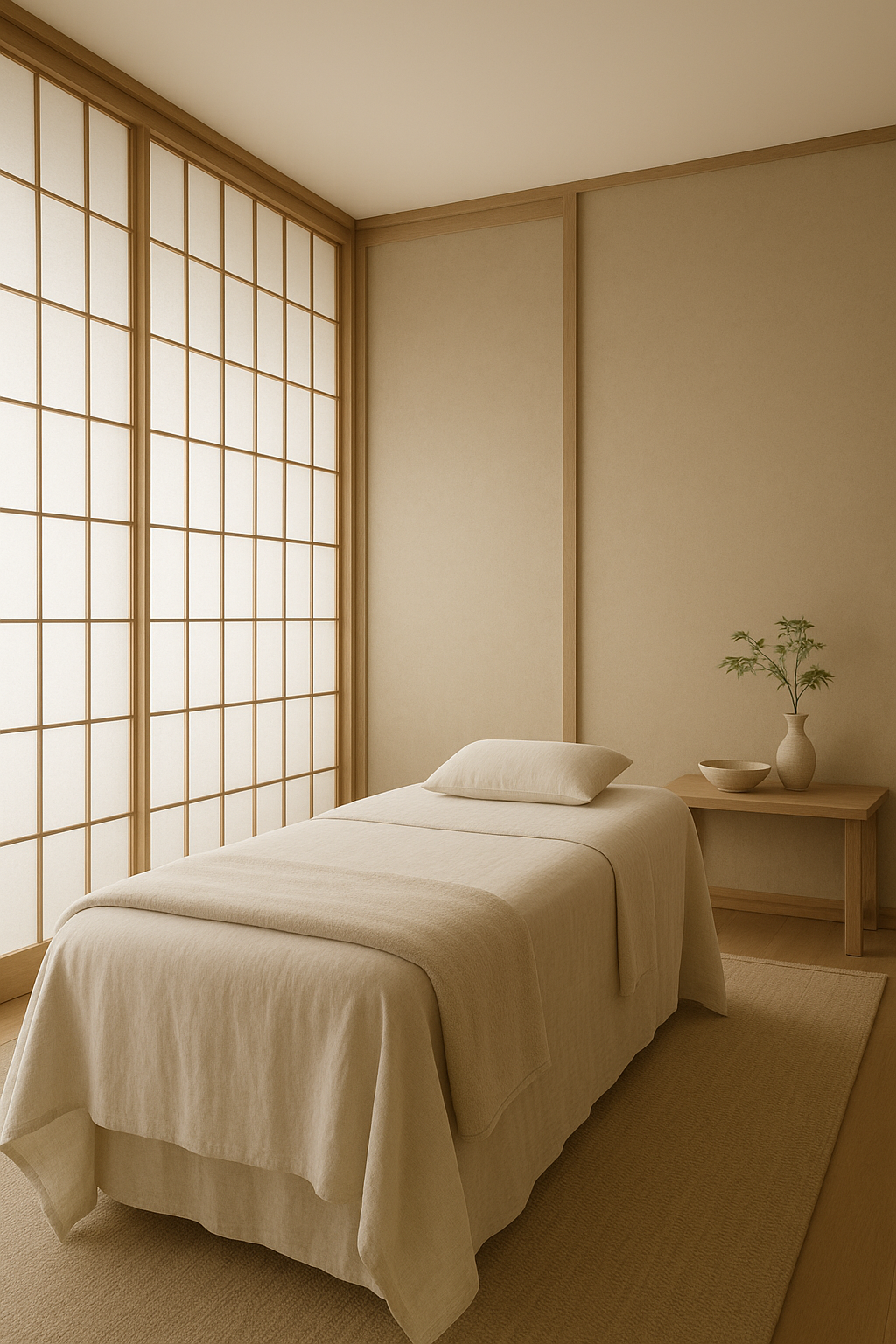 Elegant treatment room with shoji screens and soft linen accents