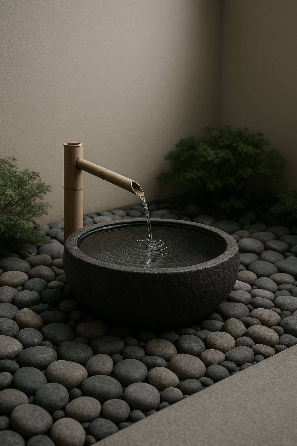 Japanese spa water feature with gentle ripples and river stones