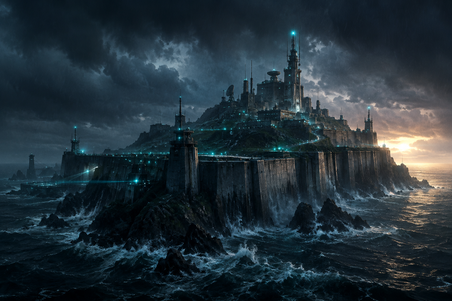 Cinematic cliffside fortress lit by cyan beacons above a stormy ocean