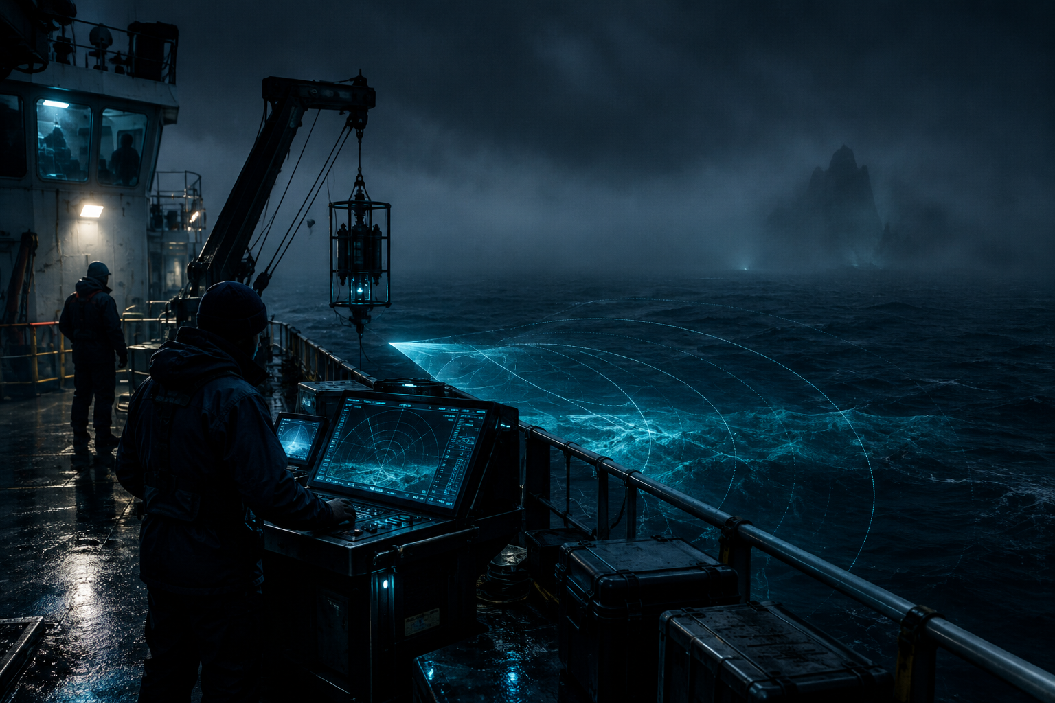 Research vessel deck at night with holographic sonar arcs over dark water