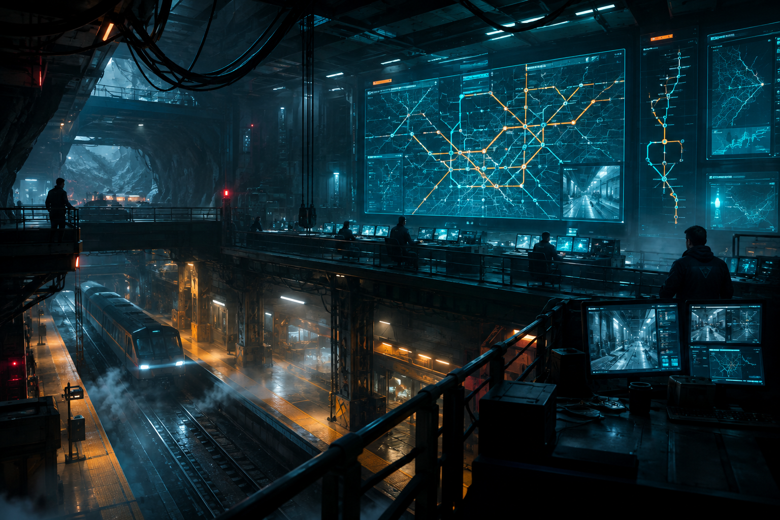 Underground rail station control room with glowing route maps and misty atmosphere