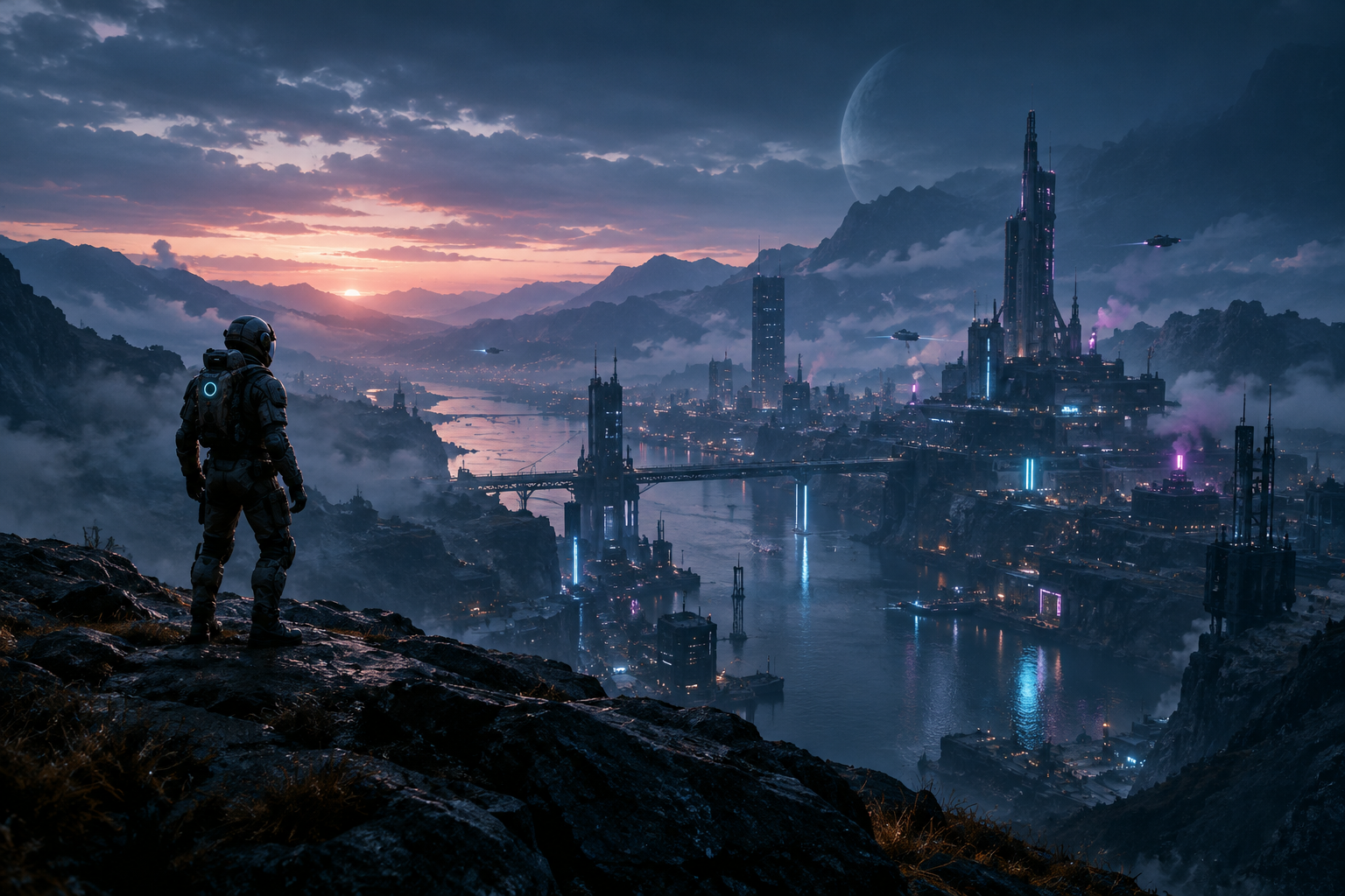 Cinematic sci-fi game scene with a lone explorer overlooking a neon-lit industrial valley at dusk