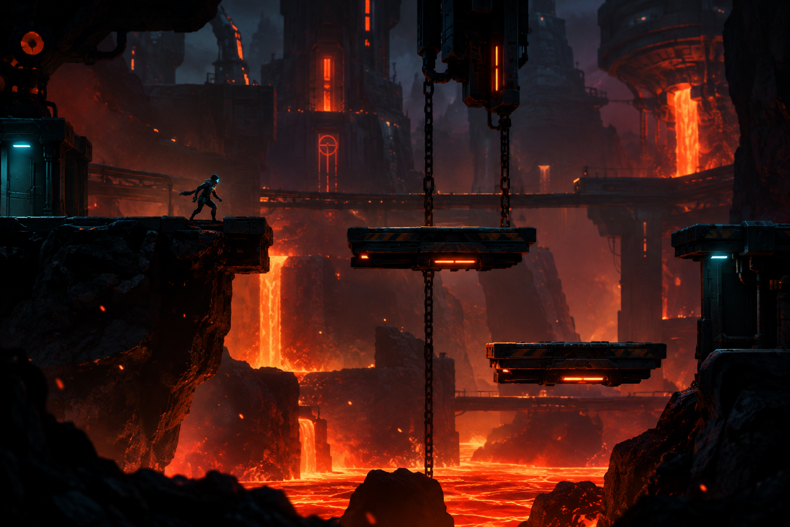 Stylized platformer scene inside a volcanic facility with glowing lava channels and mechanical platforms