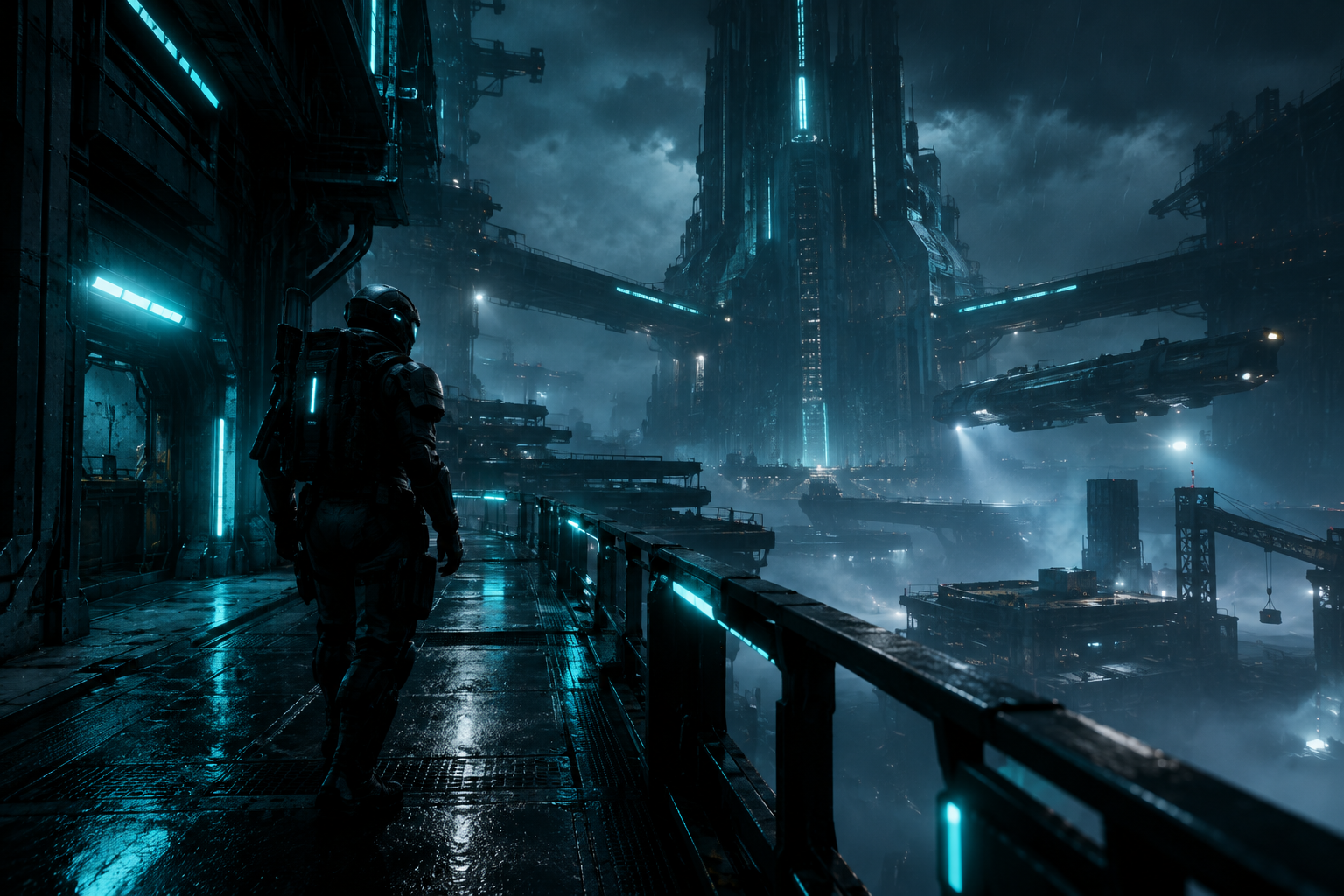 Dark industrial sci-fi game scene with a lone character crossing a neon-lit platform in rain