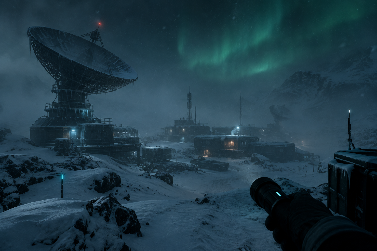 First-person exploration outpost in arctic conditions with satellite dishes, ice fog, and distant aurora