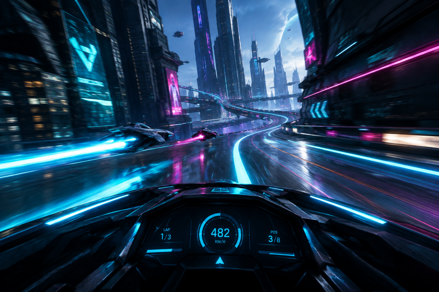 High-speed neon racer screenshot with angular city architecture, motion trails, and HUD telemetry