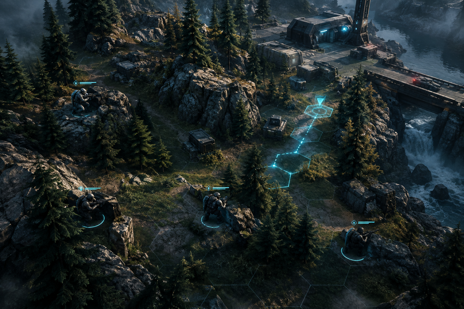 Top-down tactical battlefield with hex grid, forest terrain, and squad units in combat positions