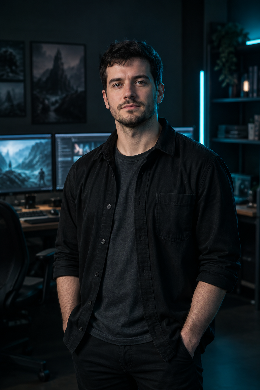 Lead developer portrait in a dark studio setting