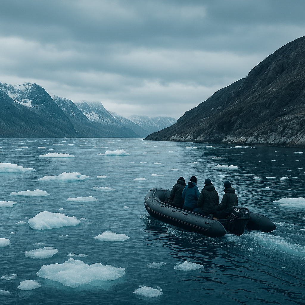 Expedition boat moving through icy Greenland coastal waters under overcast polar light