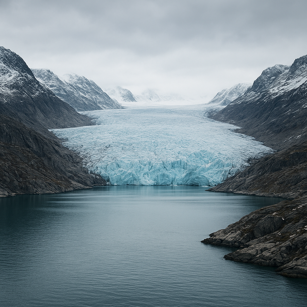 Panoramic Greenland icy landscape with a glacier flowing into a fjord under soft Arctic light