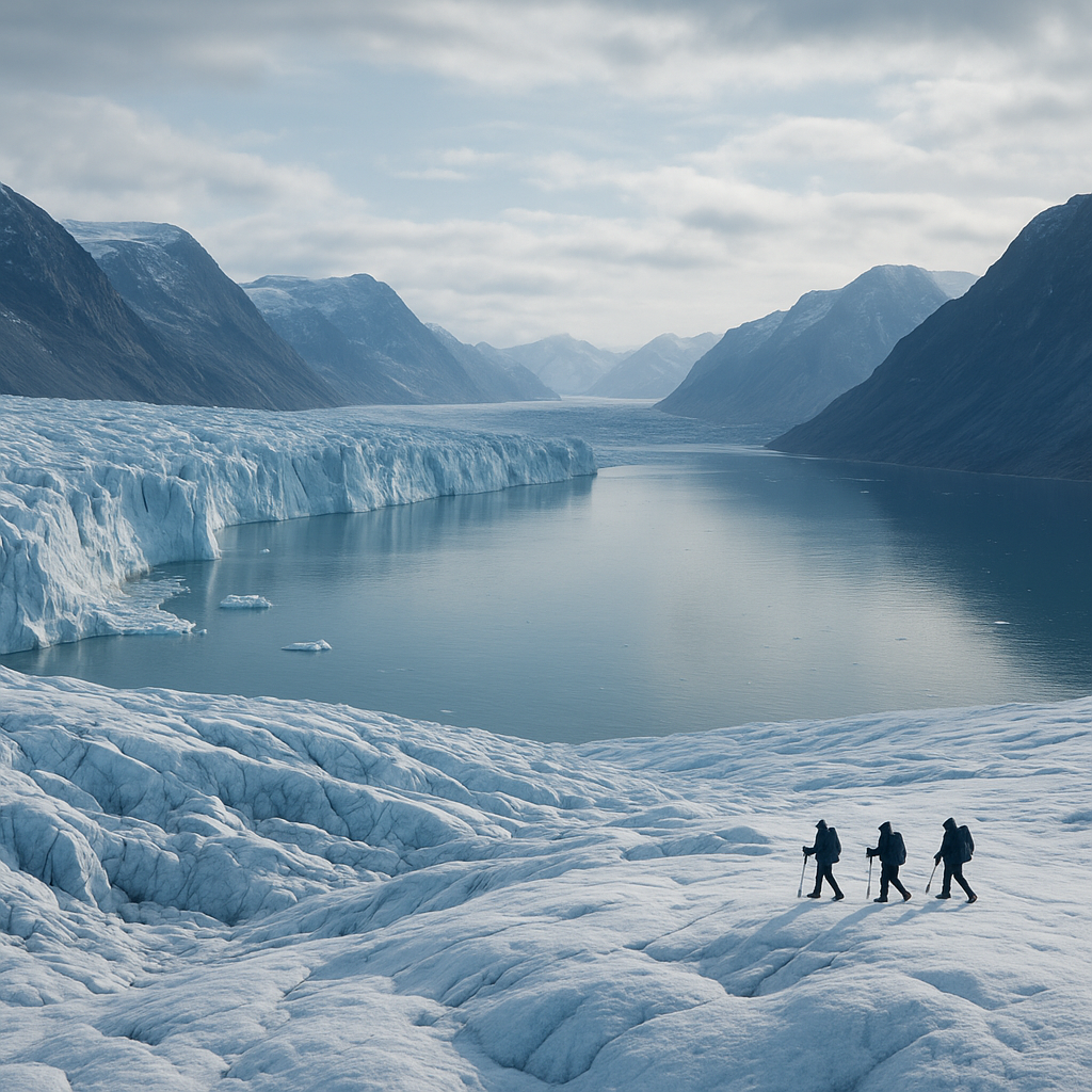 Panoramic Greenland glacier wall and deep fjord in cold blue light, with a small guided expedition group moving across snow-covered terrain