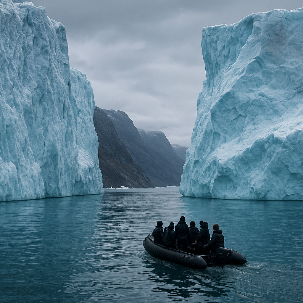 Large blue-white iceberg formations in a narrow Greenland fjord with a small zodiac for scale