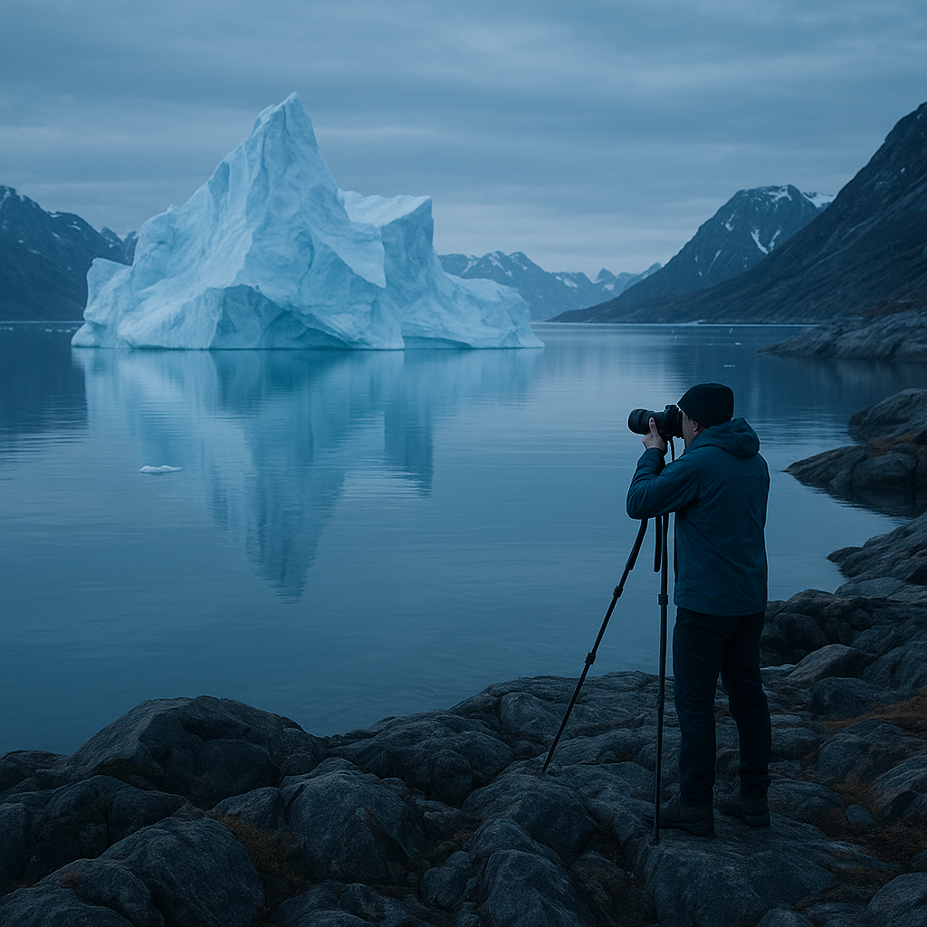 Cold-toned Greenland landscape with photographer on rocky shore capturing iceberg reflections at twilight