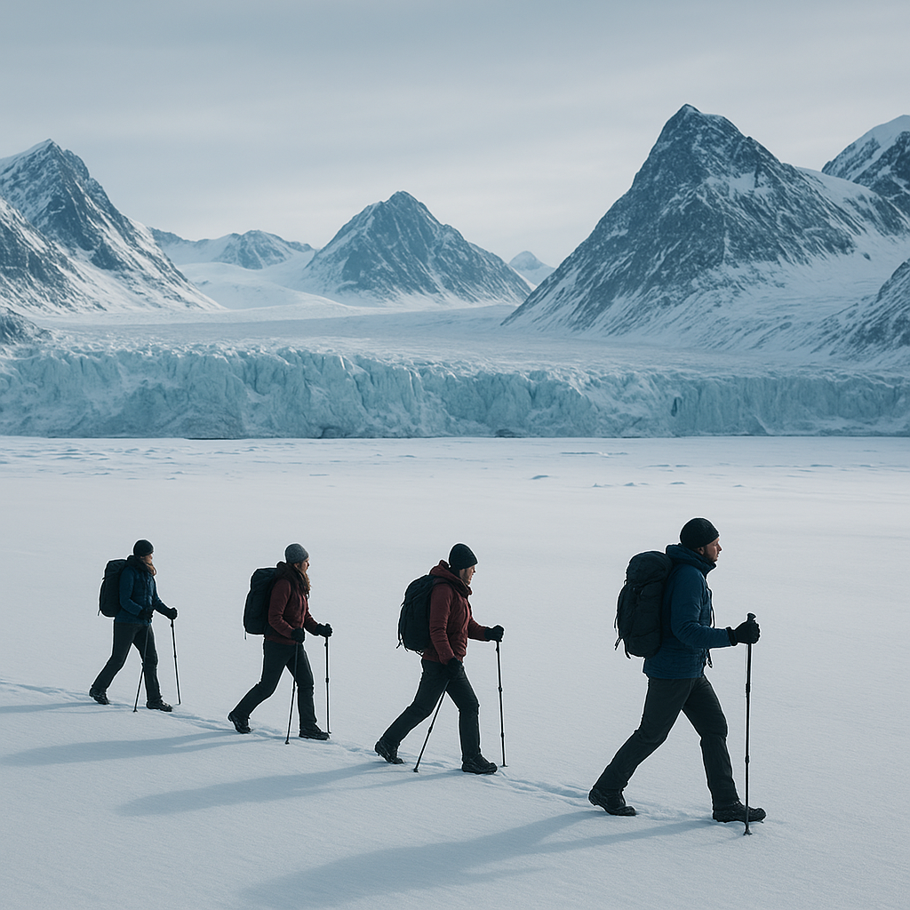 Small private group with Arctic guide trekking across a snowfield with glacier peaks in the distance