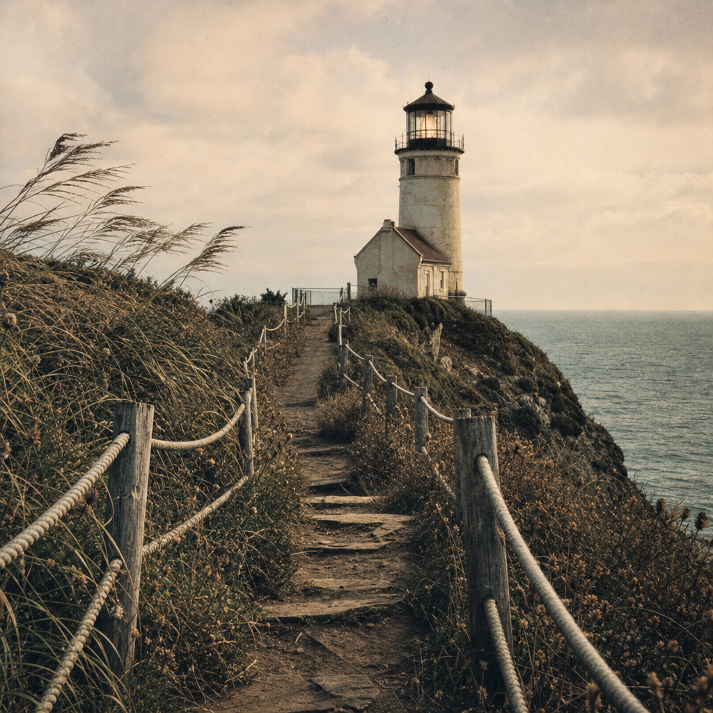 Narrow cliffside footpath leading toward an isolated lighthouse
