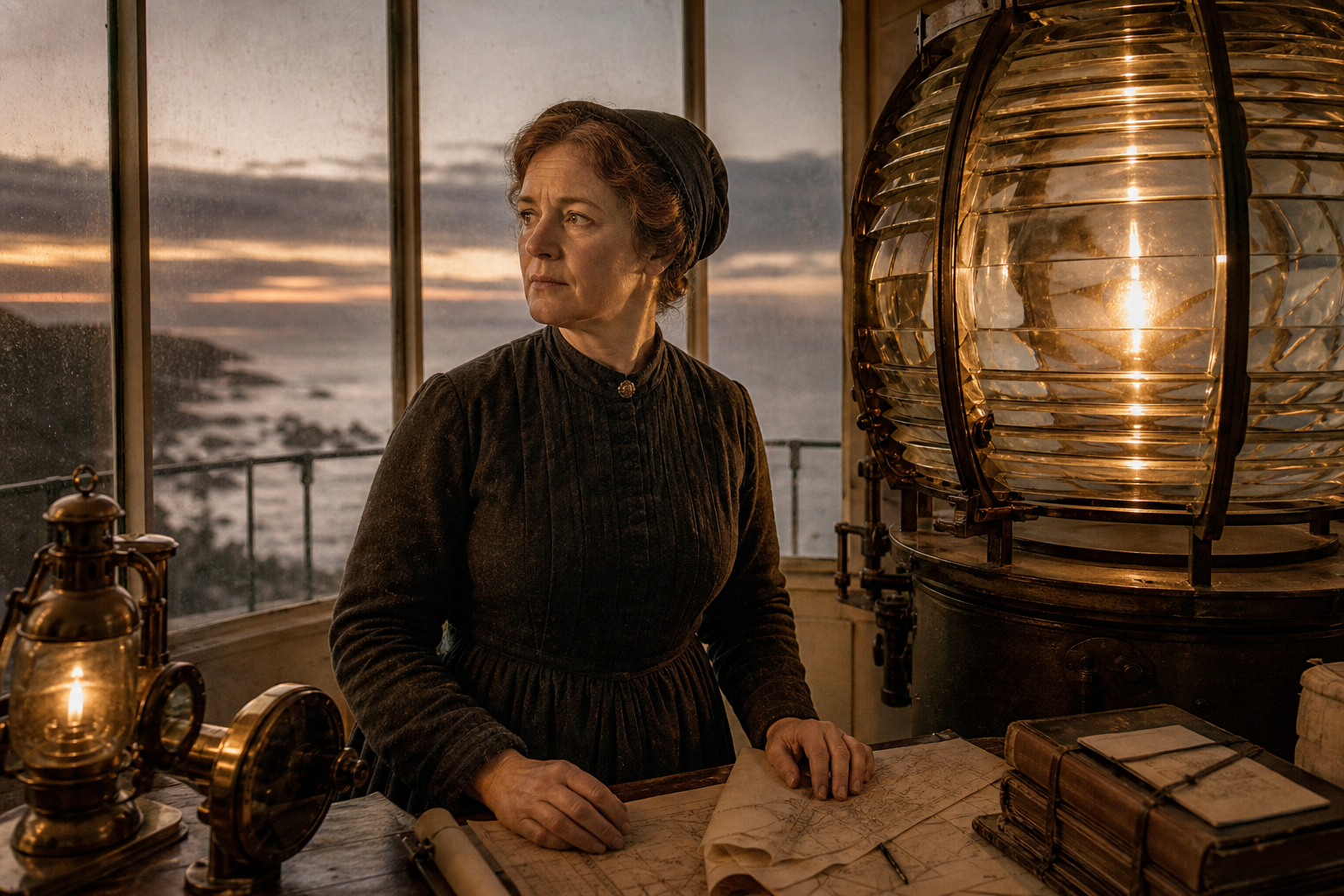 Eliza Harrow in a brass lens room at dusk with polished glass prisms and folded weather charts