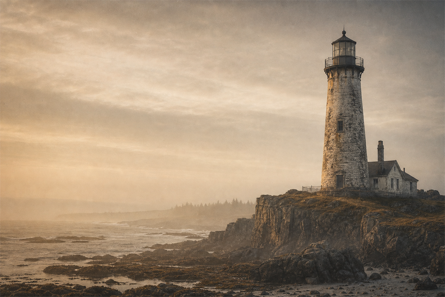 Weathered stone lighthouse on a misty northern shoreline at dawn, with soft film grain atmosphere and muted coastal light