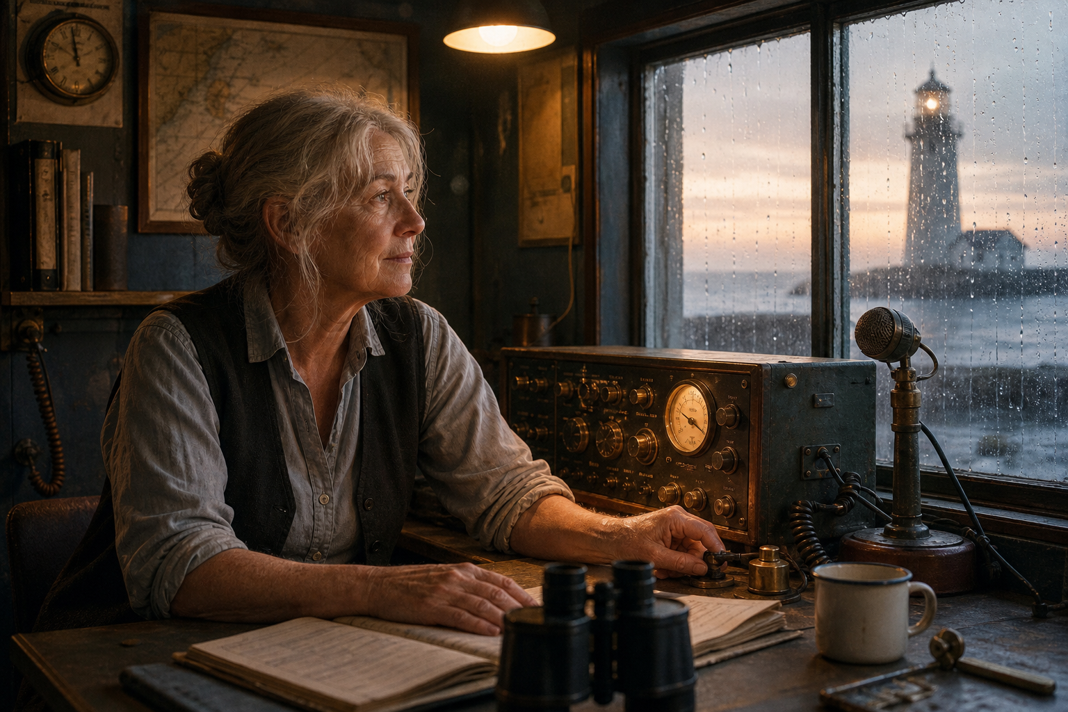 Jo Bellamy beside a vintage radio set at dawn with copper switches and a rain-streaked window