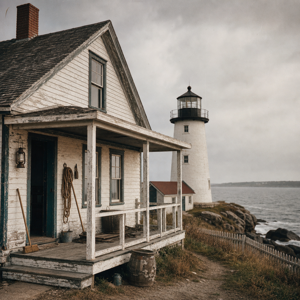 Timber keeper dwelling beside a lighthouse with weathered porch