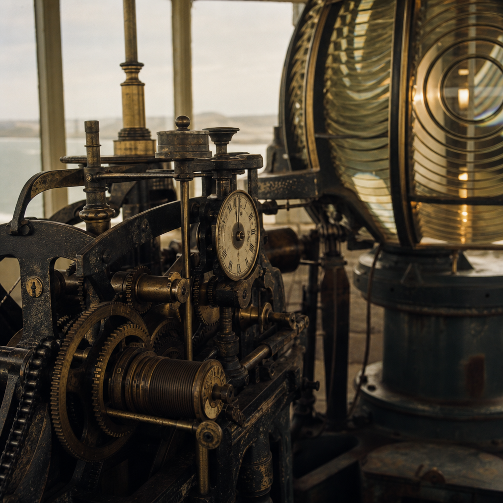 Close view of brass lantern-room gears and clockwork assembly