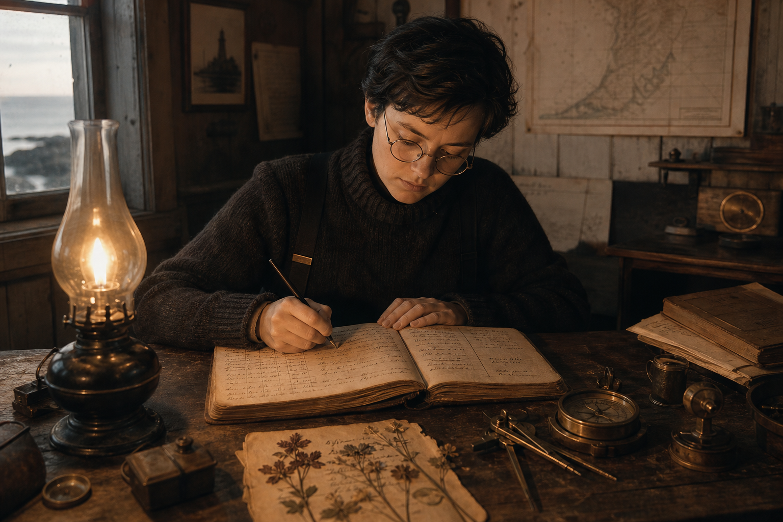 Maren Ivers writing in a weathered logbook at a wooden desk with a kerosene lamp