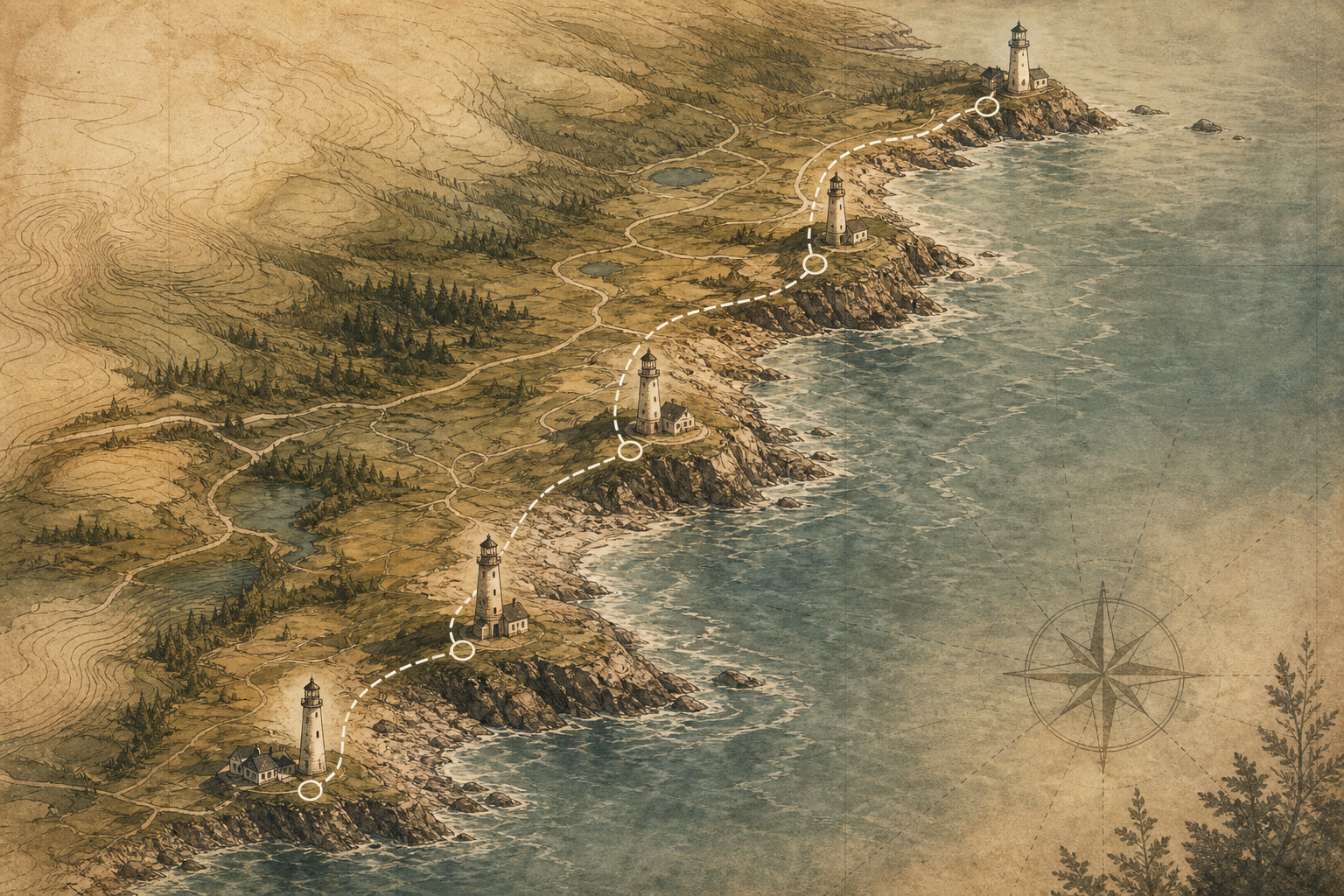 Illustrated northern coast heritage route map with shoreline contours and preserved lighthouse positions