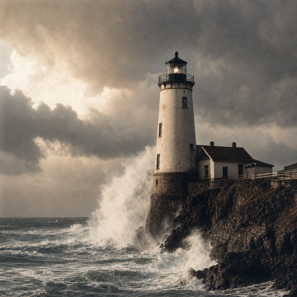 Heavy winter storm waves breaking around a lighthouse base