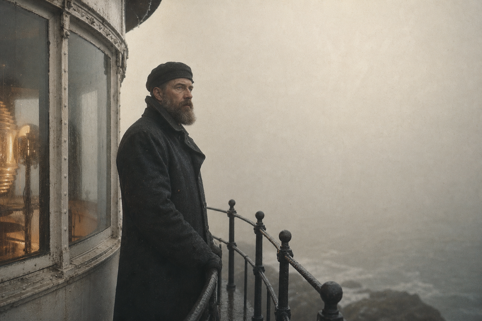 Tomas Reddin on a narrow lantern balcony in heavy fog wearing a dark wool coat