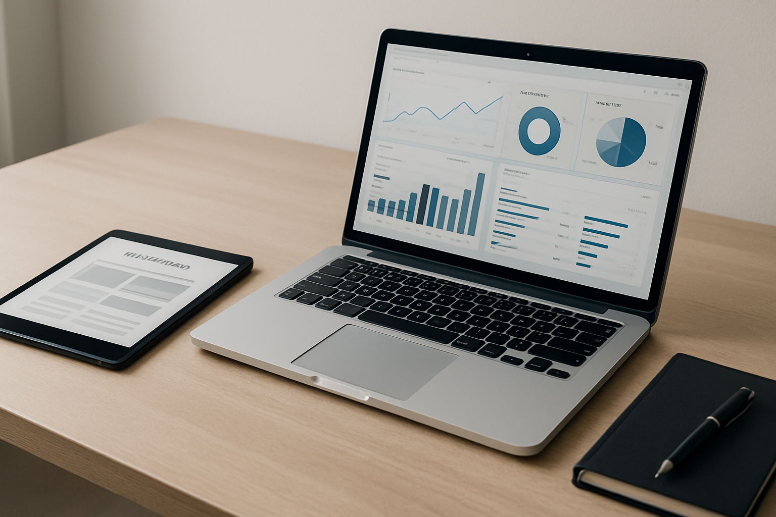 Modern digital agency workspace with a laptop showing analytics dashboards, a tablet with a website layout, and a professional notebook on a clean desk
