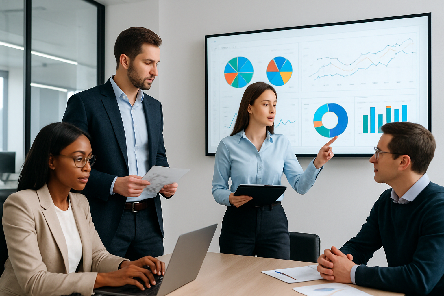 Professional team in a modern office reviewing digital strategy dashboards on a large screen