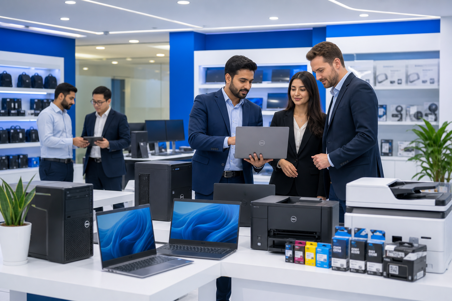 Professional IT trading team reviewing laptops, desktops, and printers in a modern showroom