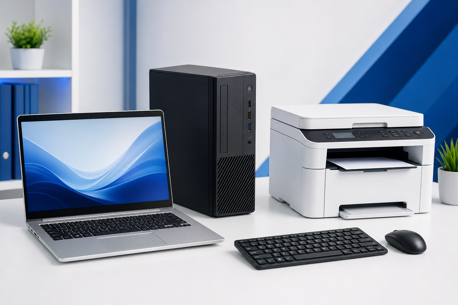 A clean product lineup featuring a silver laptop, compact desktop tower, wireless keyboard and mouse, and a modern office printer arranged on a white desk