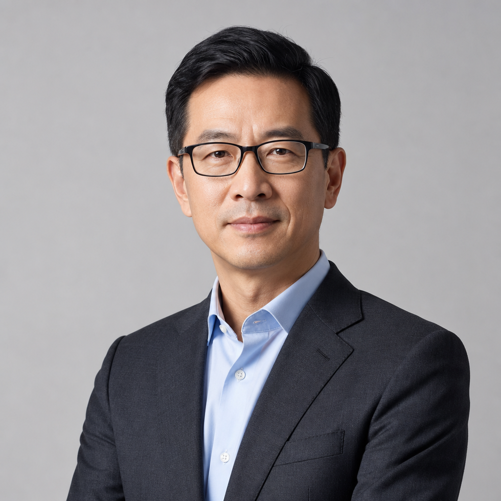 Minimalist portrait of Marcus Liang, an executive with glasses and a charcoal suit