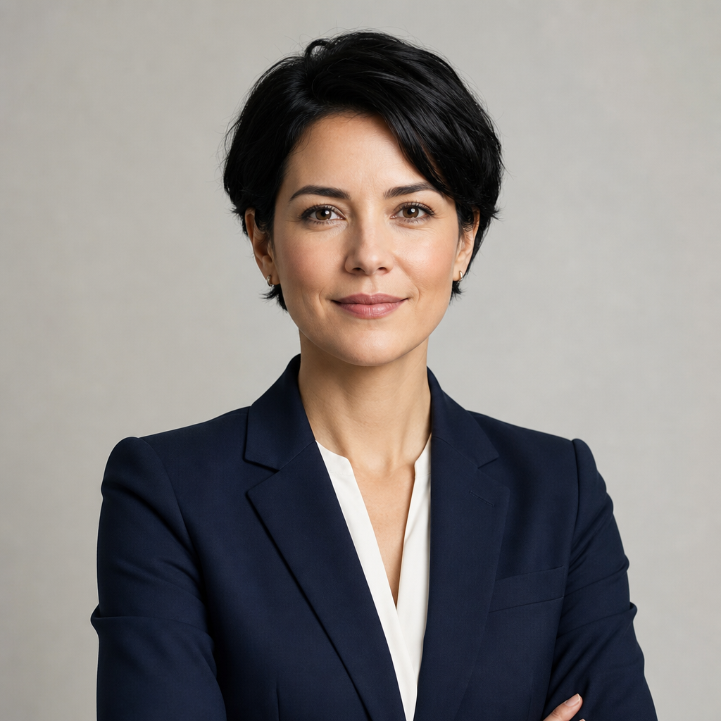 Studio portrait of Olivia Reed, a composed executive with short black hair and a navy blazer